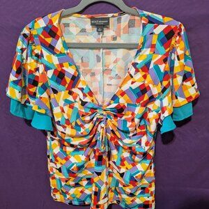 Bold Elements Cut to Curve 80s Colorful Low Cut Blouse